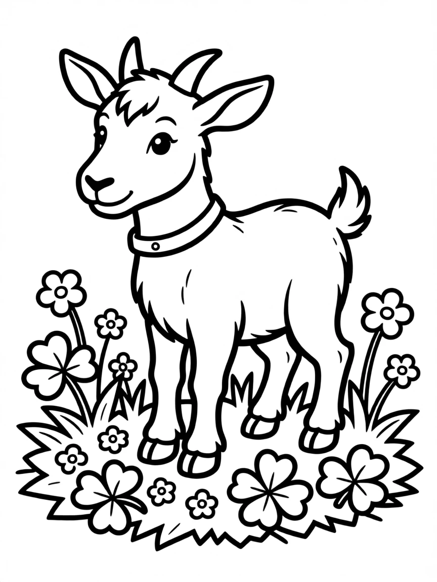 A goat standing in a patch of clover with flowers all around
