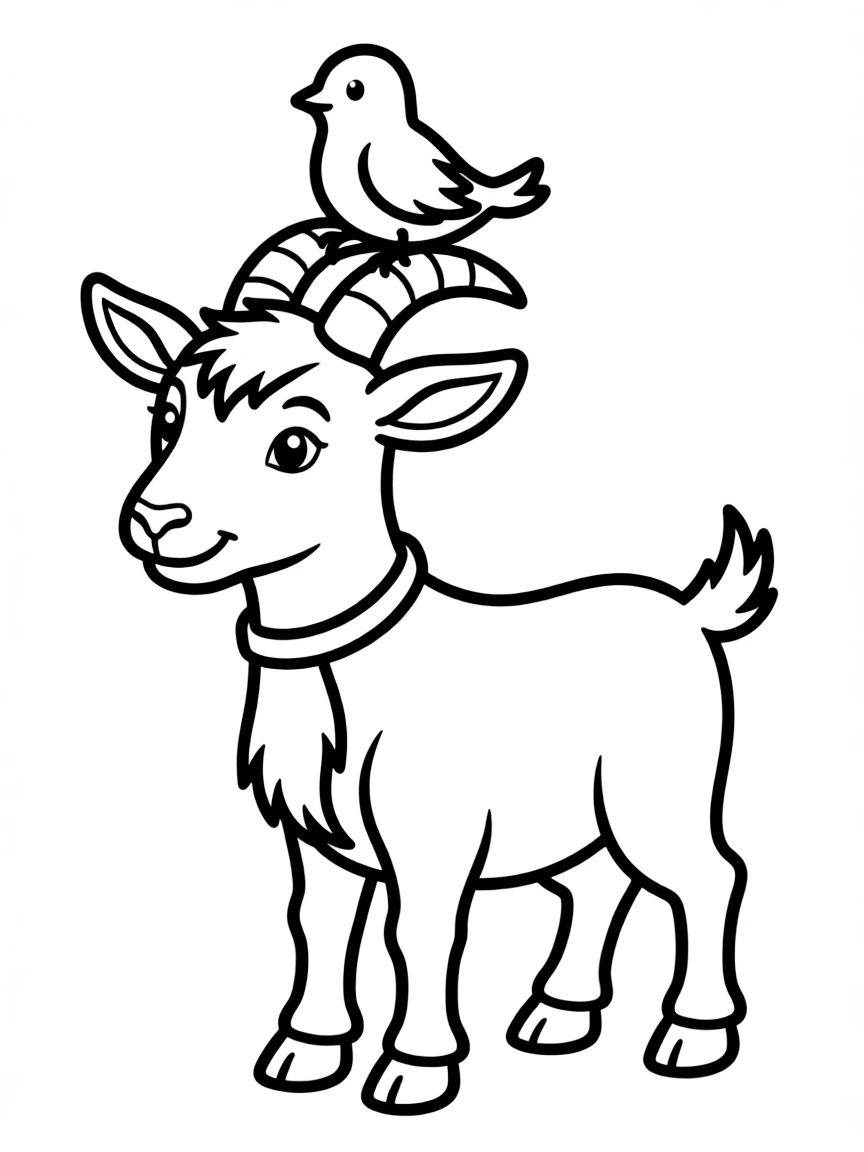 A goat with a small bird perched between its horns