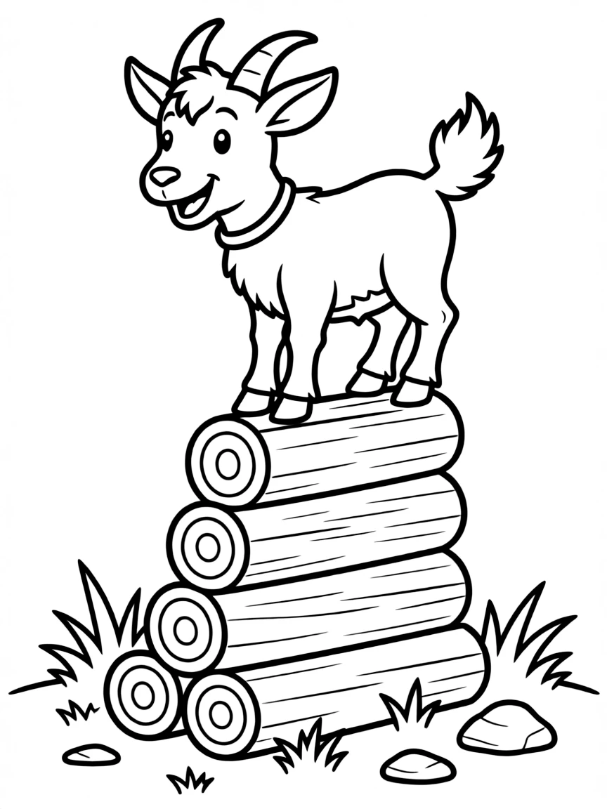 A goat balancing precariously on a stack of firewood