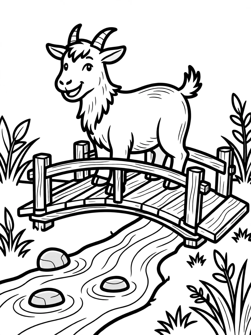 A goat standing on a wooden bridge crossing a small stream