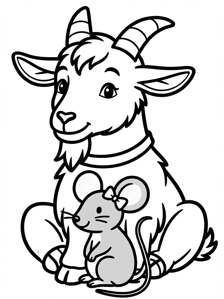 A goat with a small mouse friend sitting between its hooves