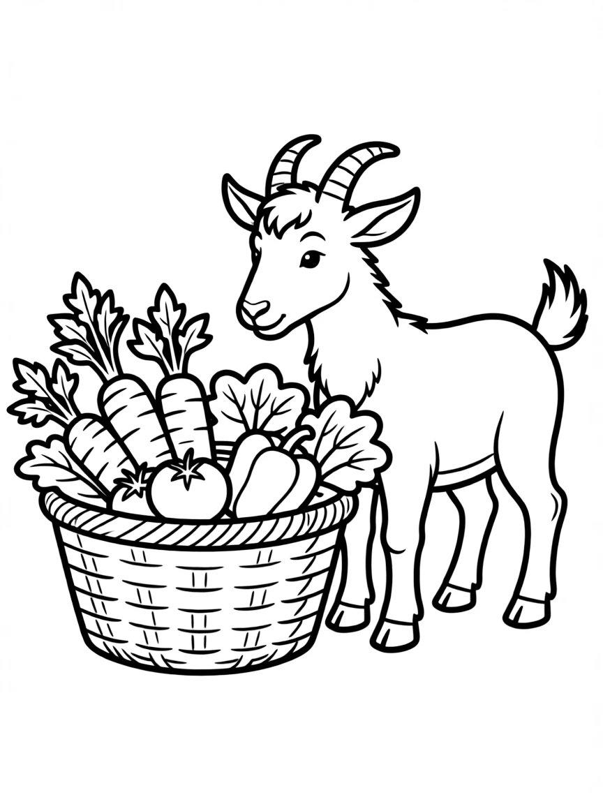 A goat investigating a basket of freshly harvested vegetables
