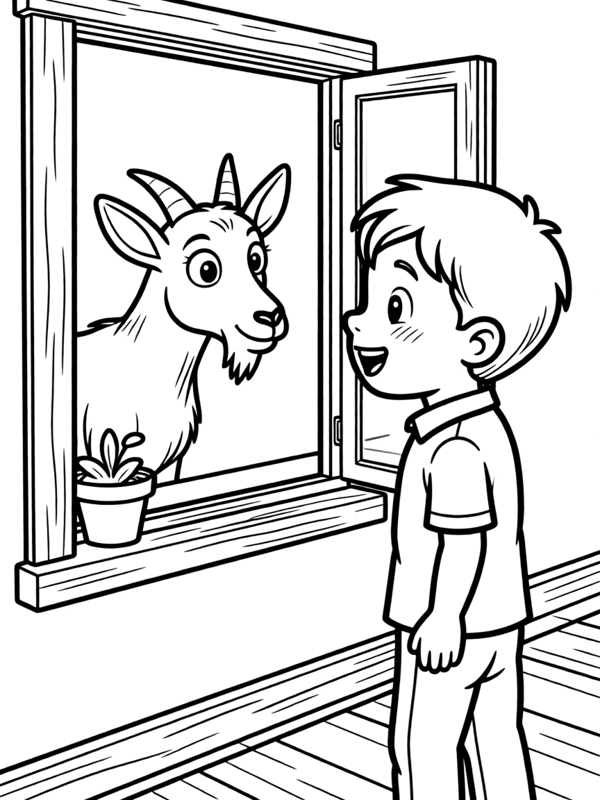 A goat peering inside a farmhouse window with curiosity