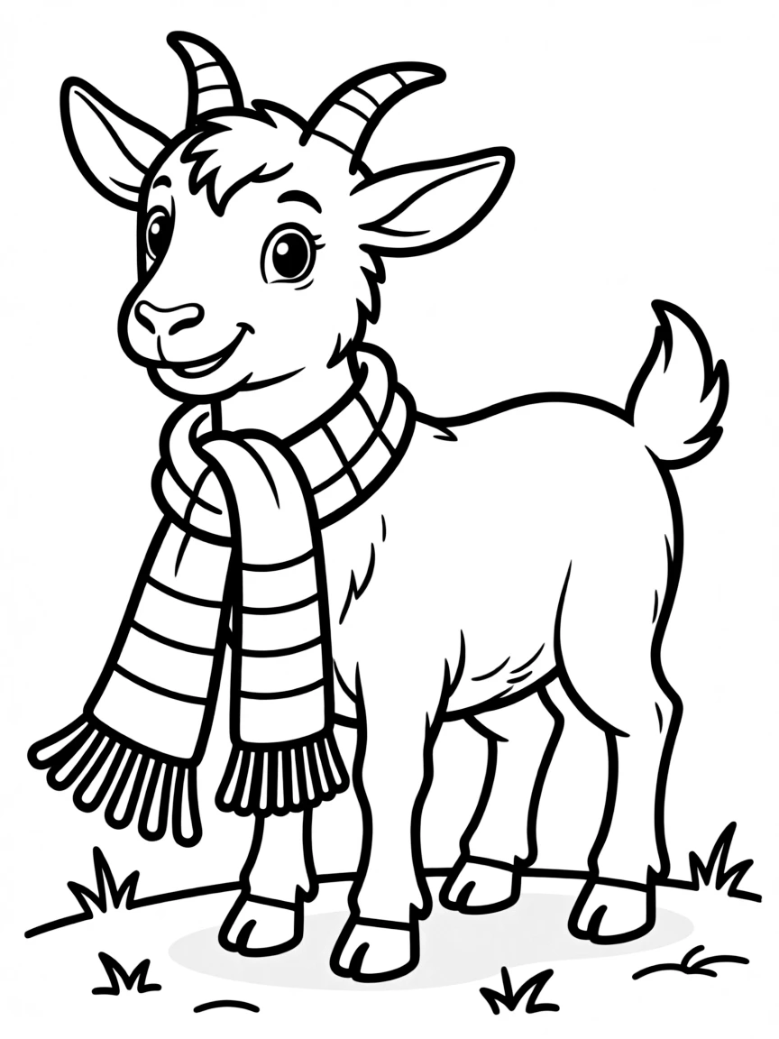 A goat wearing a winter scarf wrapped around its neck