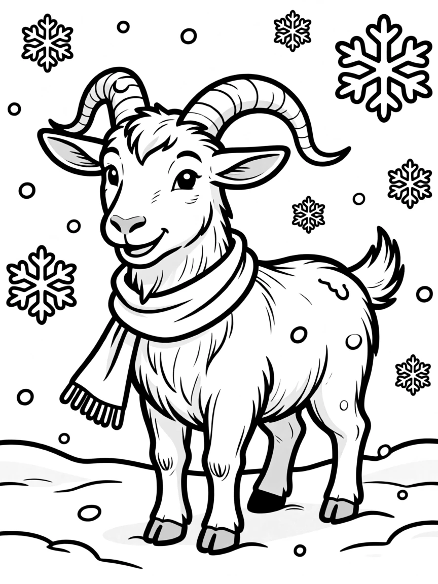 A goat with snowflakes catching on its fur and horns