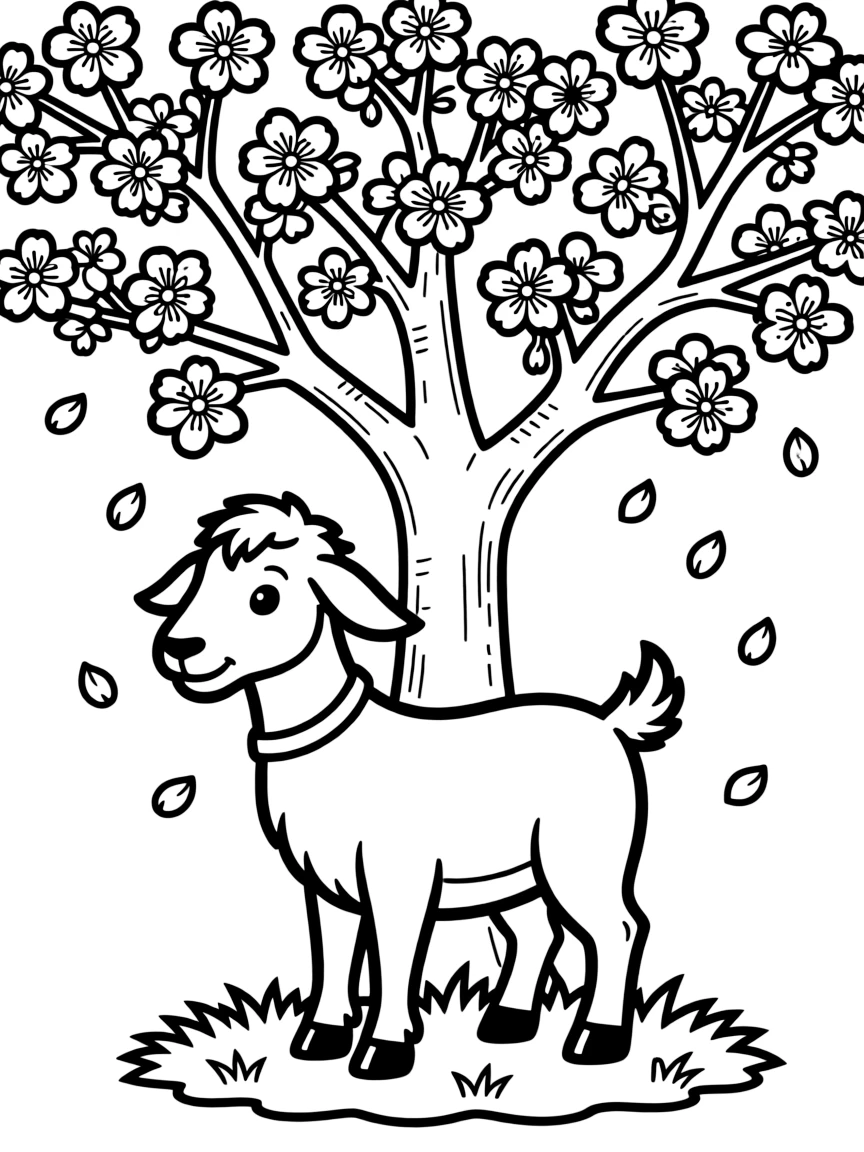 A goat standing beneath a blooming cherry tree with petals falling