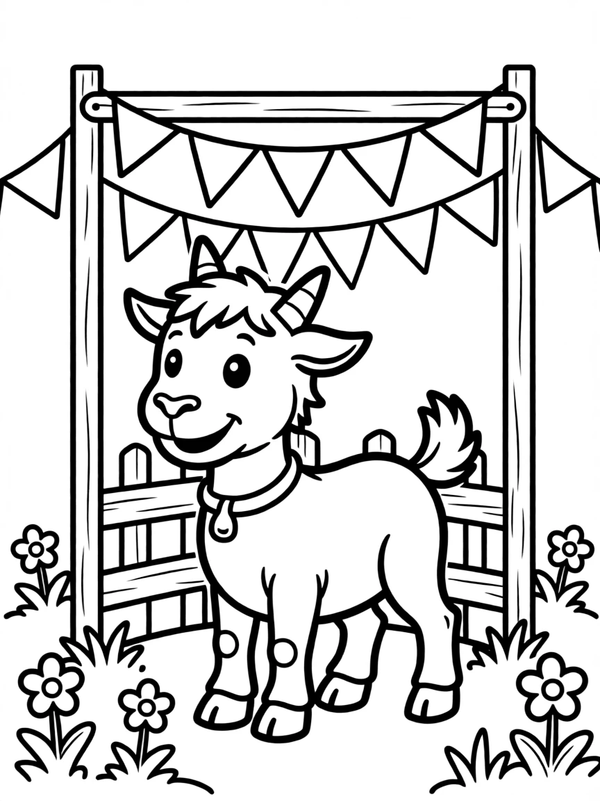 A goat in a pen decorated with bunting for a farm celebration