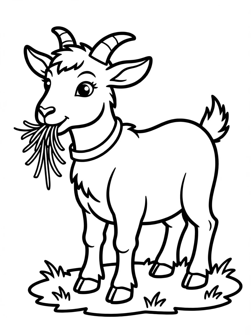 A goat with hay sticking out of its mouth mid-chew