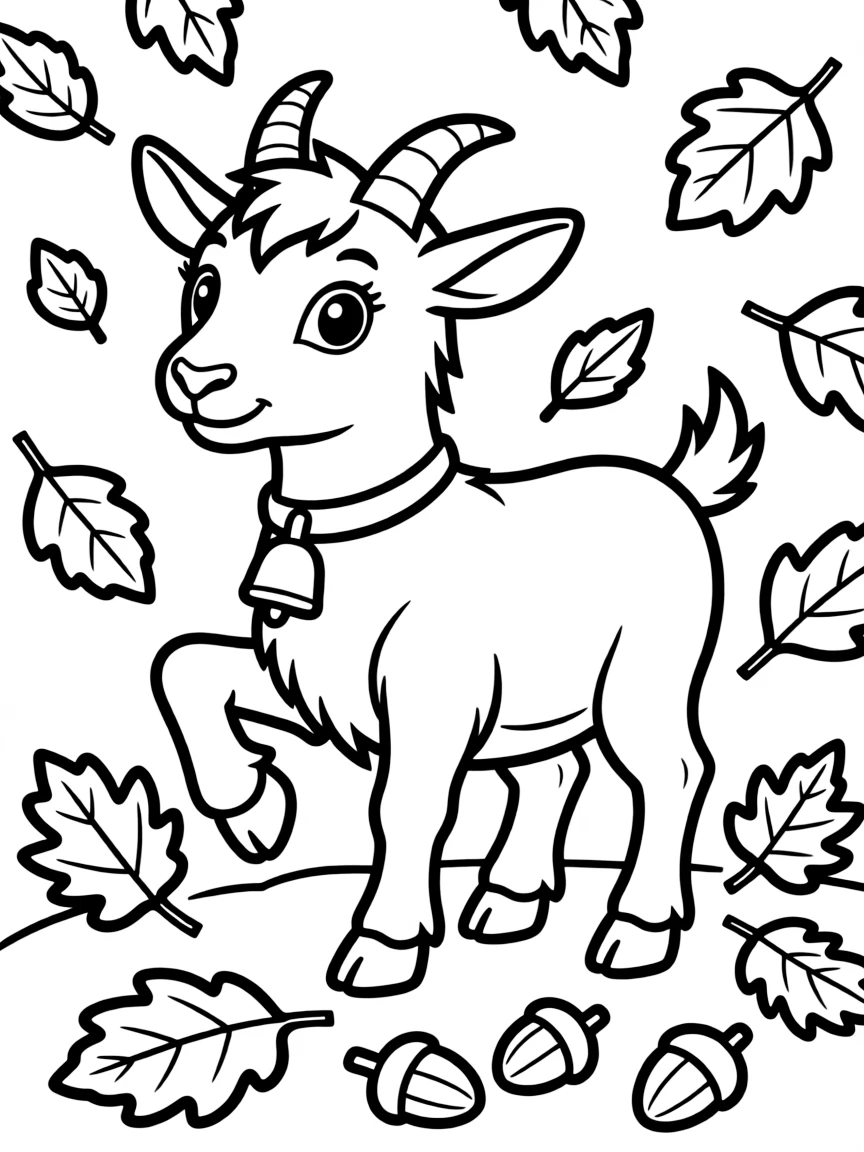 A goat standing amid fallen autumn leaves and acorns
