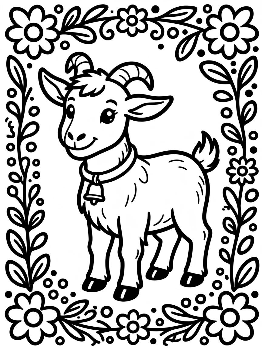 A goat with elaborate folk art patterns surrounding it