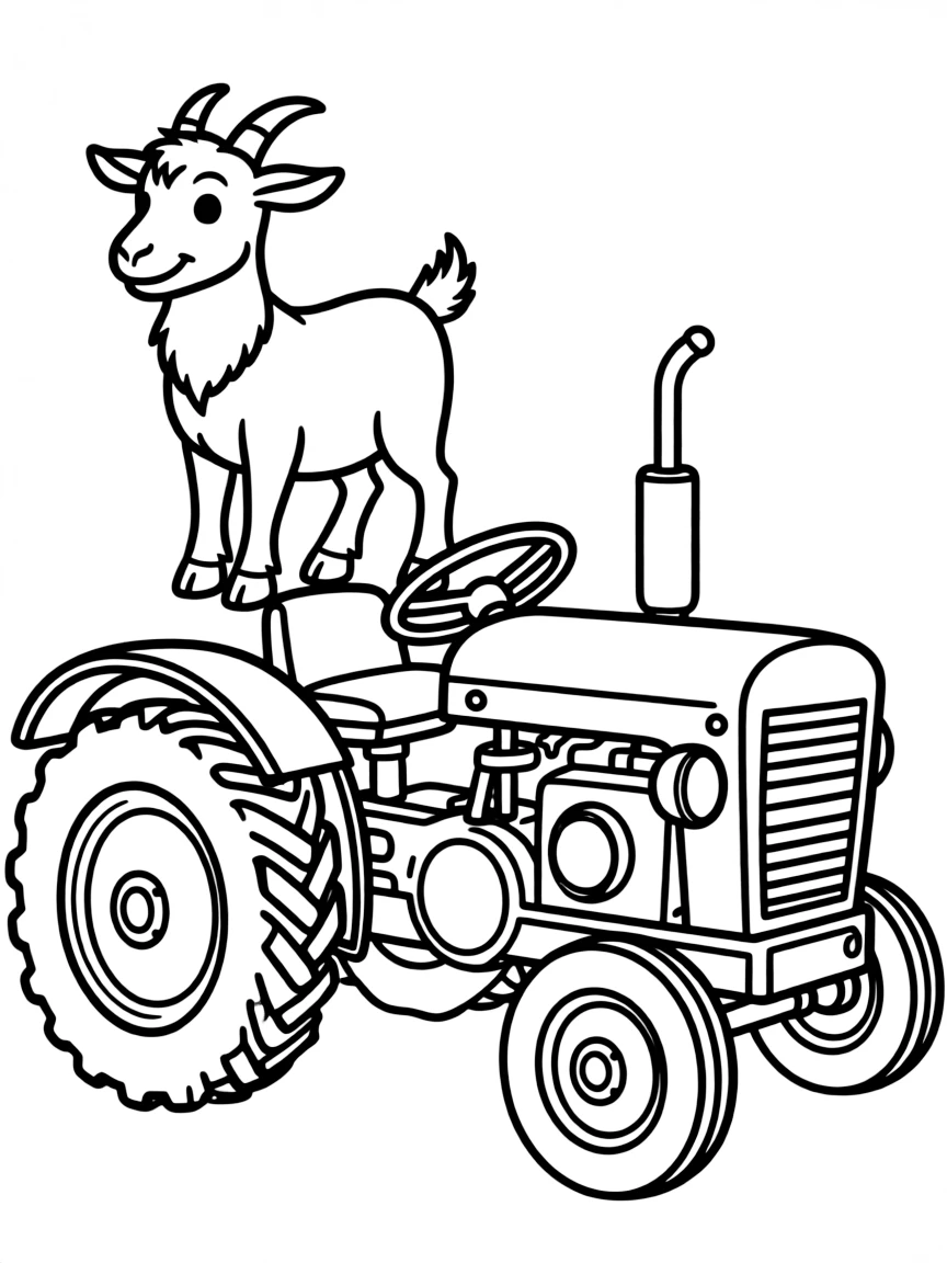 A goat standing on top of an old-fashioned tractor