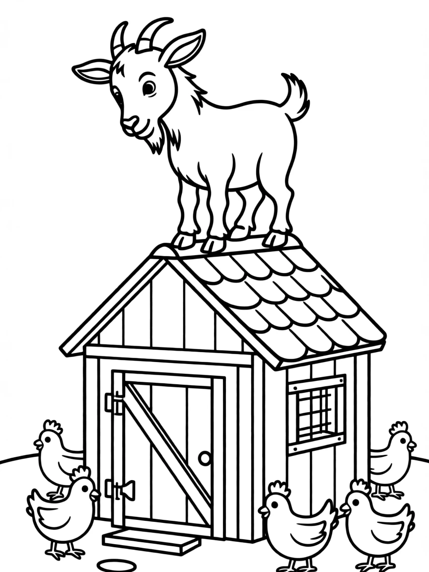 A goat perched on top of a chicken coop looking down