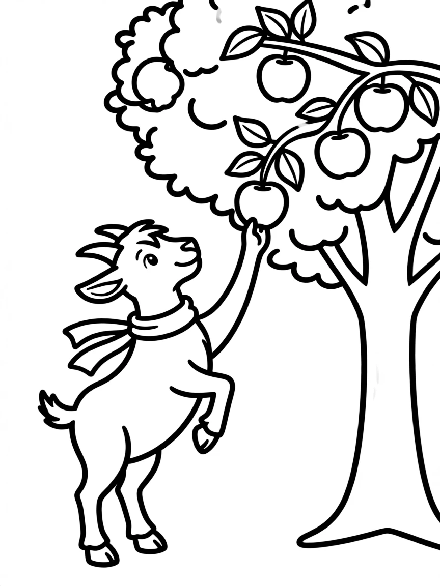 A goat standing on hind legs to reach apples in a tree