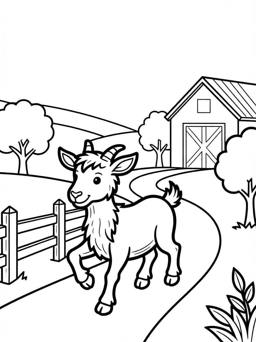 A goat trotting along a winding path through the farm