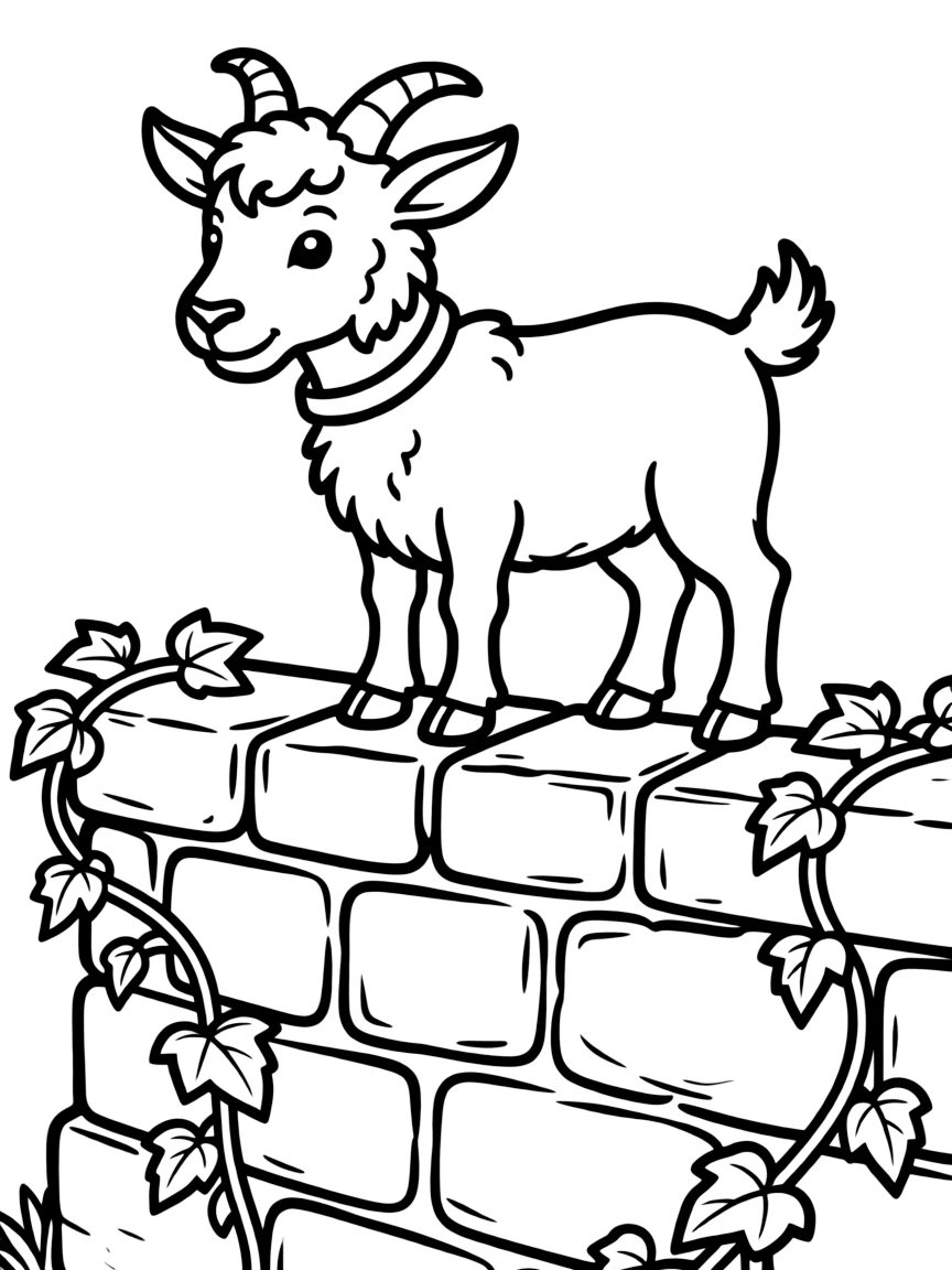 A goat standing on a stone wall with ivy growing around it