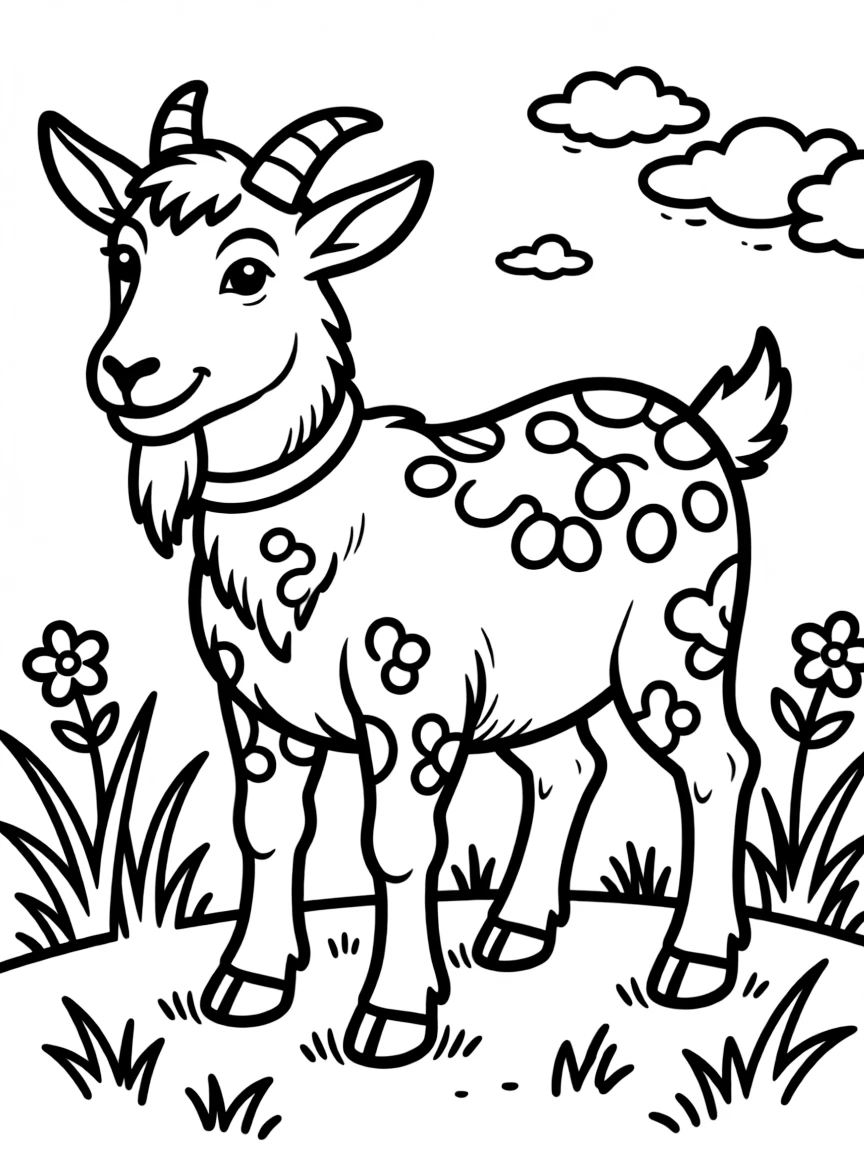 A goat with interesting patterns created by dappled sunlight