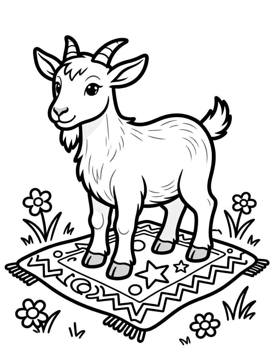 A goat with intricate patterns on a blanket beneath it