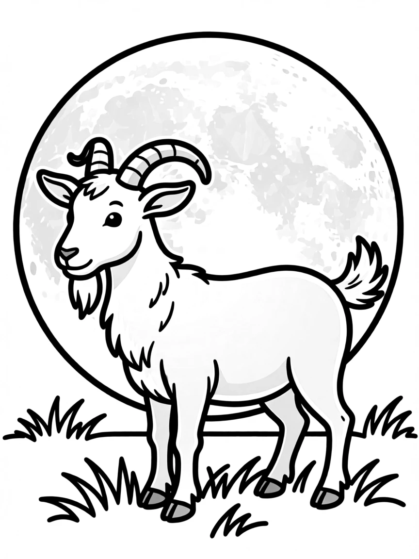 A goat with a harvest moon rising behind its silhouette