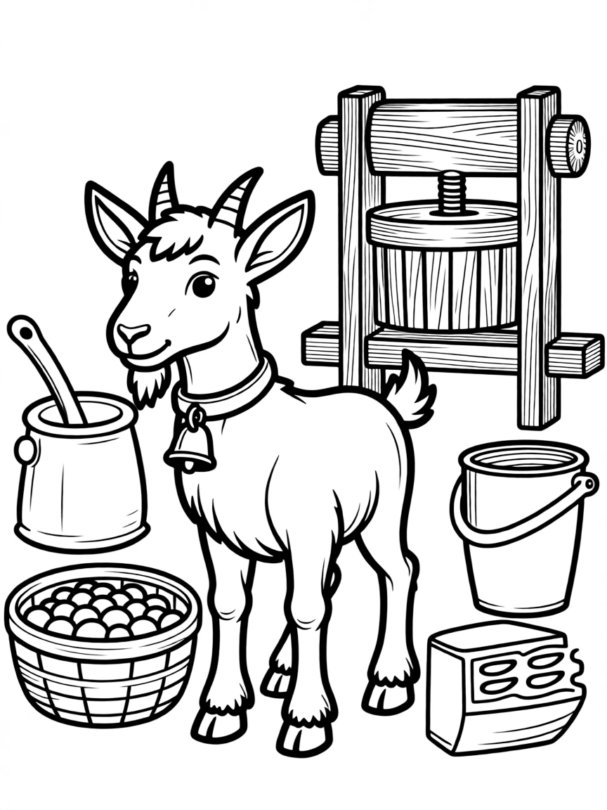 A goat surrounded by cheese-making equipment