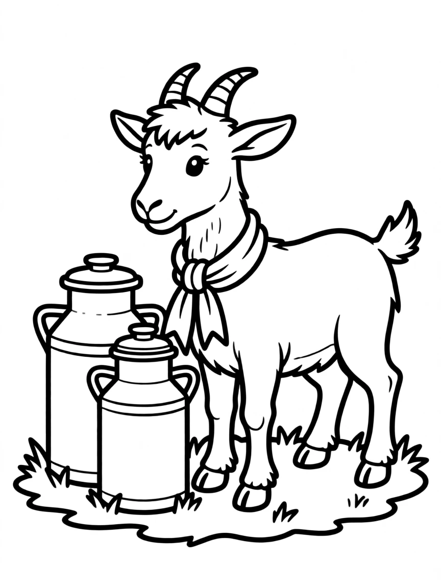 A goat standing beside antique milk containers