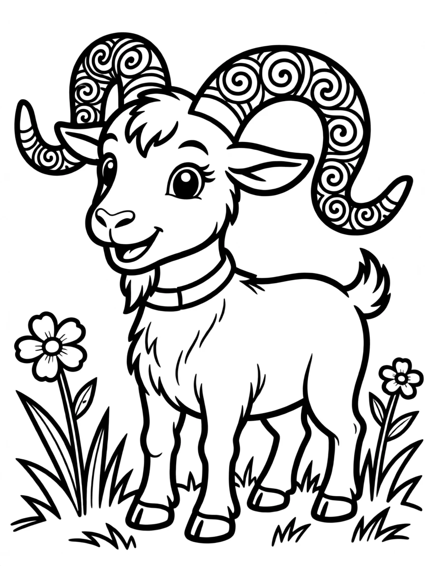 A goat with intricate horn designs emphasized
