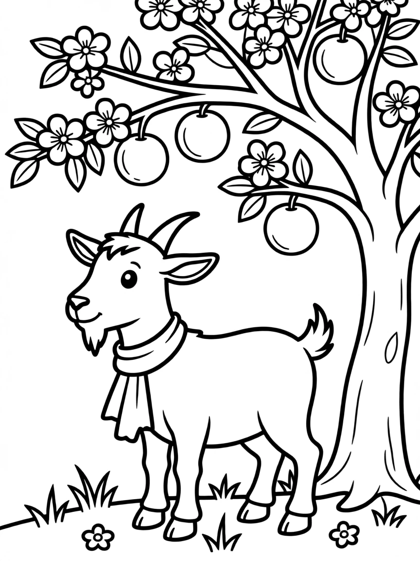 A goat standing beneath a blossoming fruit tree