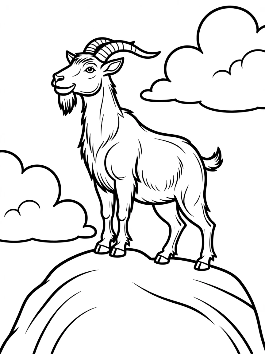 A goat standing majestic on a rock with clouds behind it