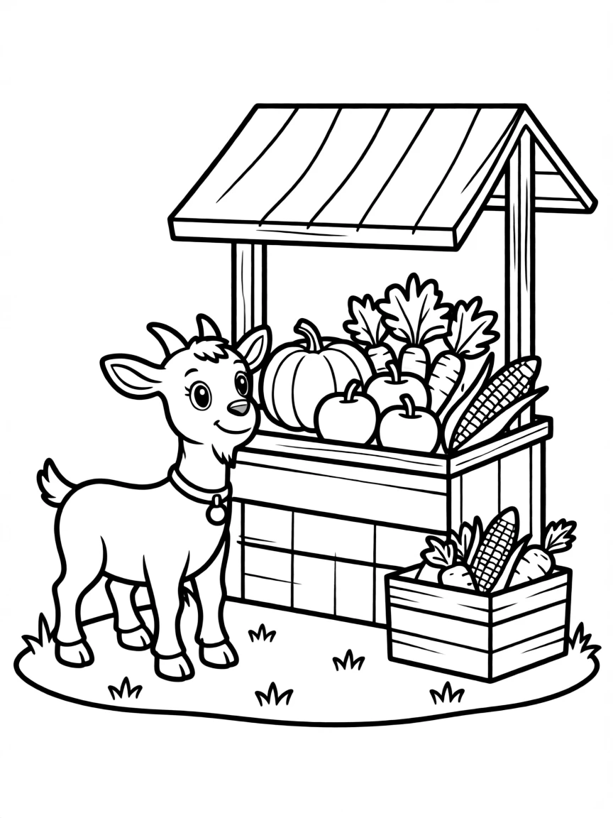 A goat with farm stand elements and fresh produce nearby
