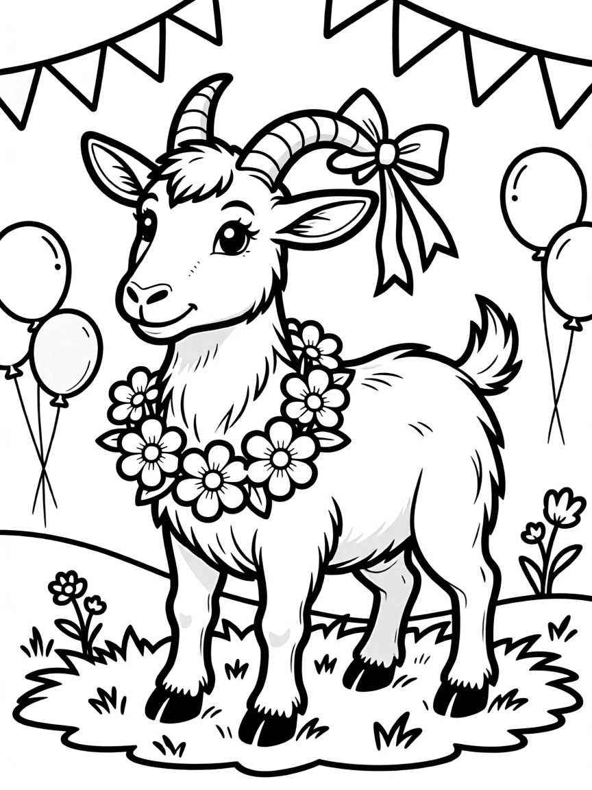 A goat with festive decorations for a country fair
