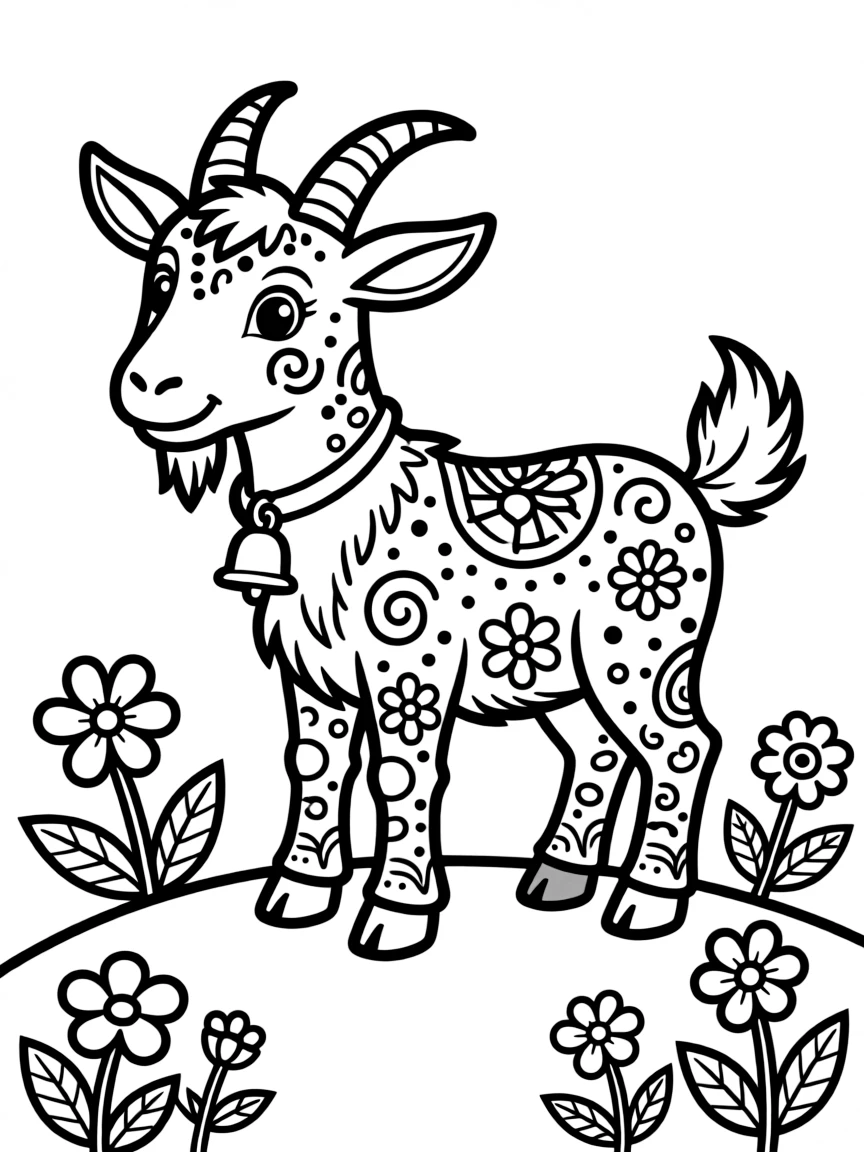 A goat with decorative patterns inspired by folk art