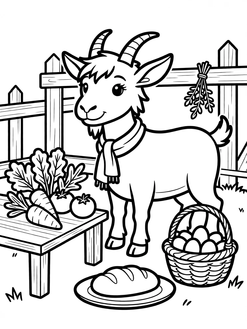 A goat with elements of farm-to-table cooking nearby