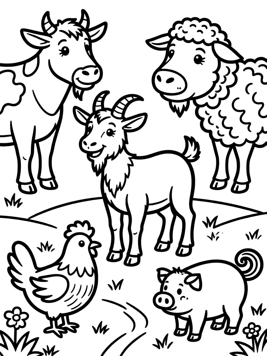 A goat standing proudly among a variety of farm animals