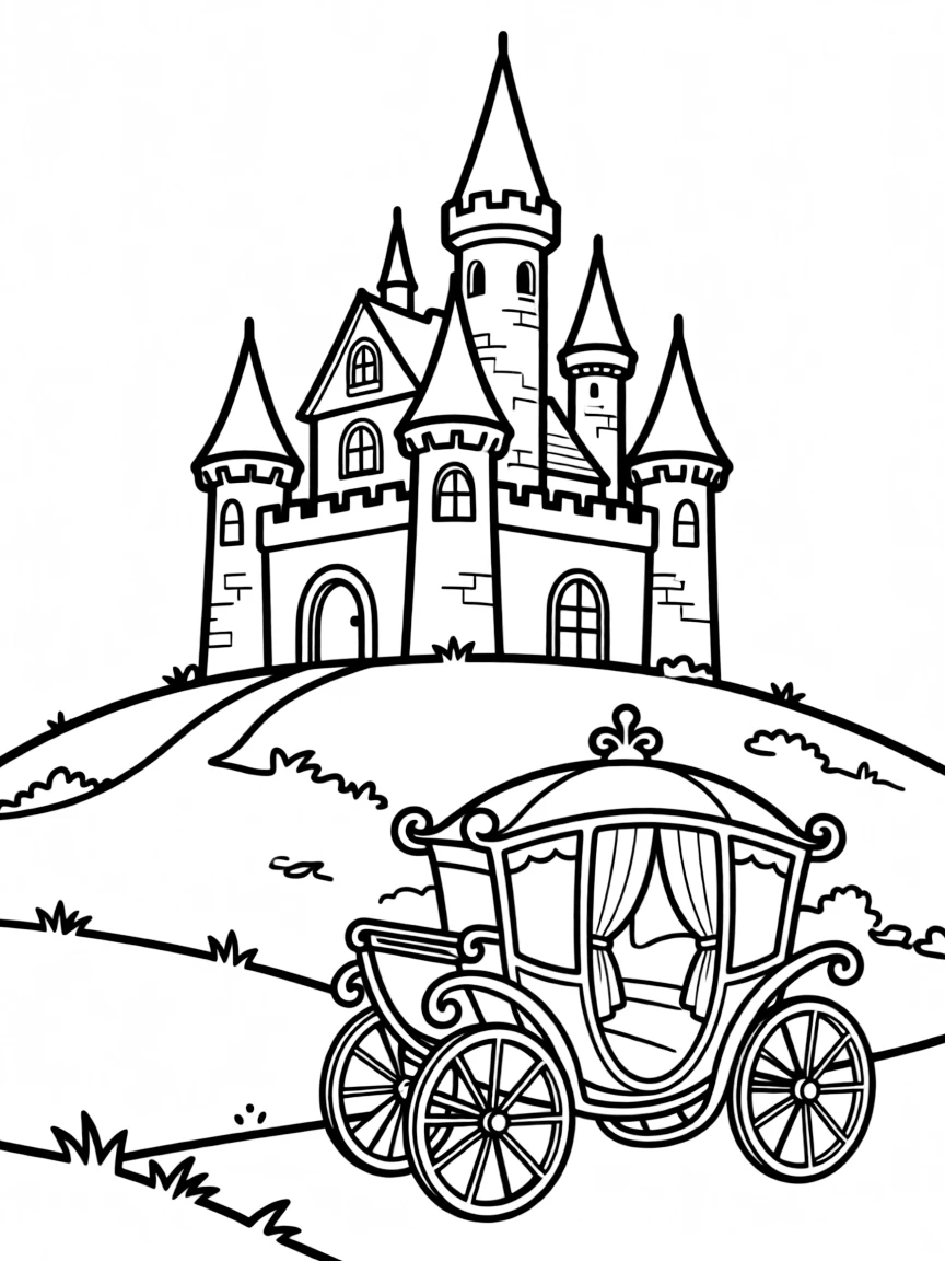 A detailed castle on a hilltop with a carriage approaching, inspired by classic fairy tale films