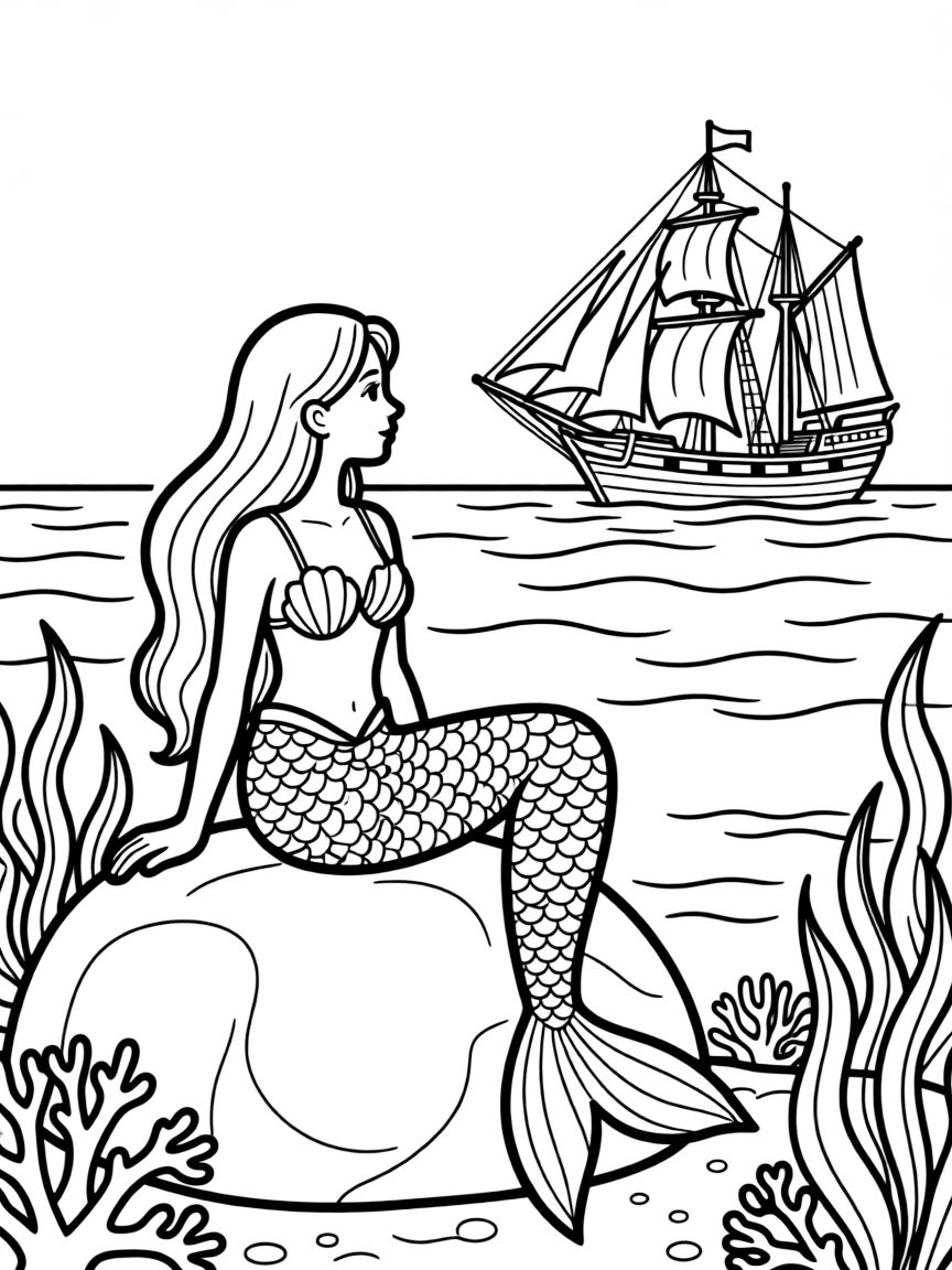 An underwater scene with a mermaid sitting on a rock, watching a ship in the distance