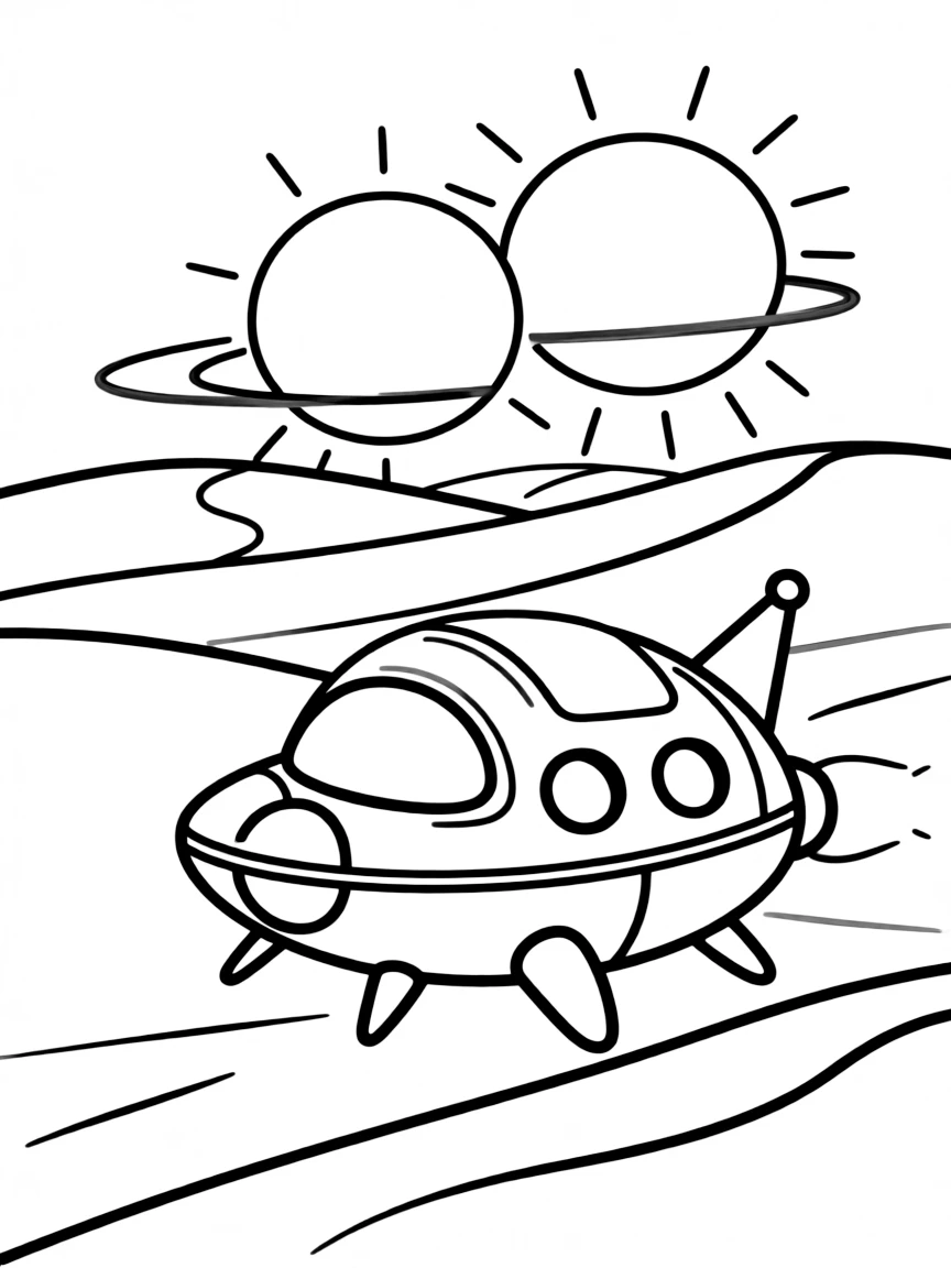 A spaceship hovering over a desert planet with twin suns on the horizon