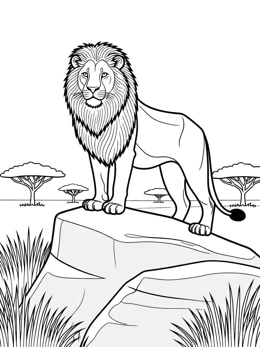 A majestic lion standing proudly on a rock formation overlooking the savanna
