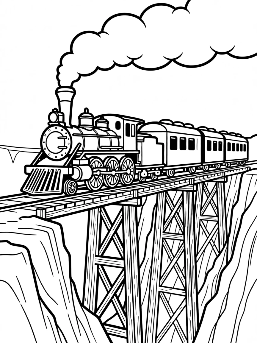 A steam train crossing a tall bridge over a deep canyon