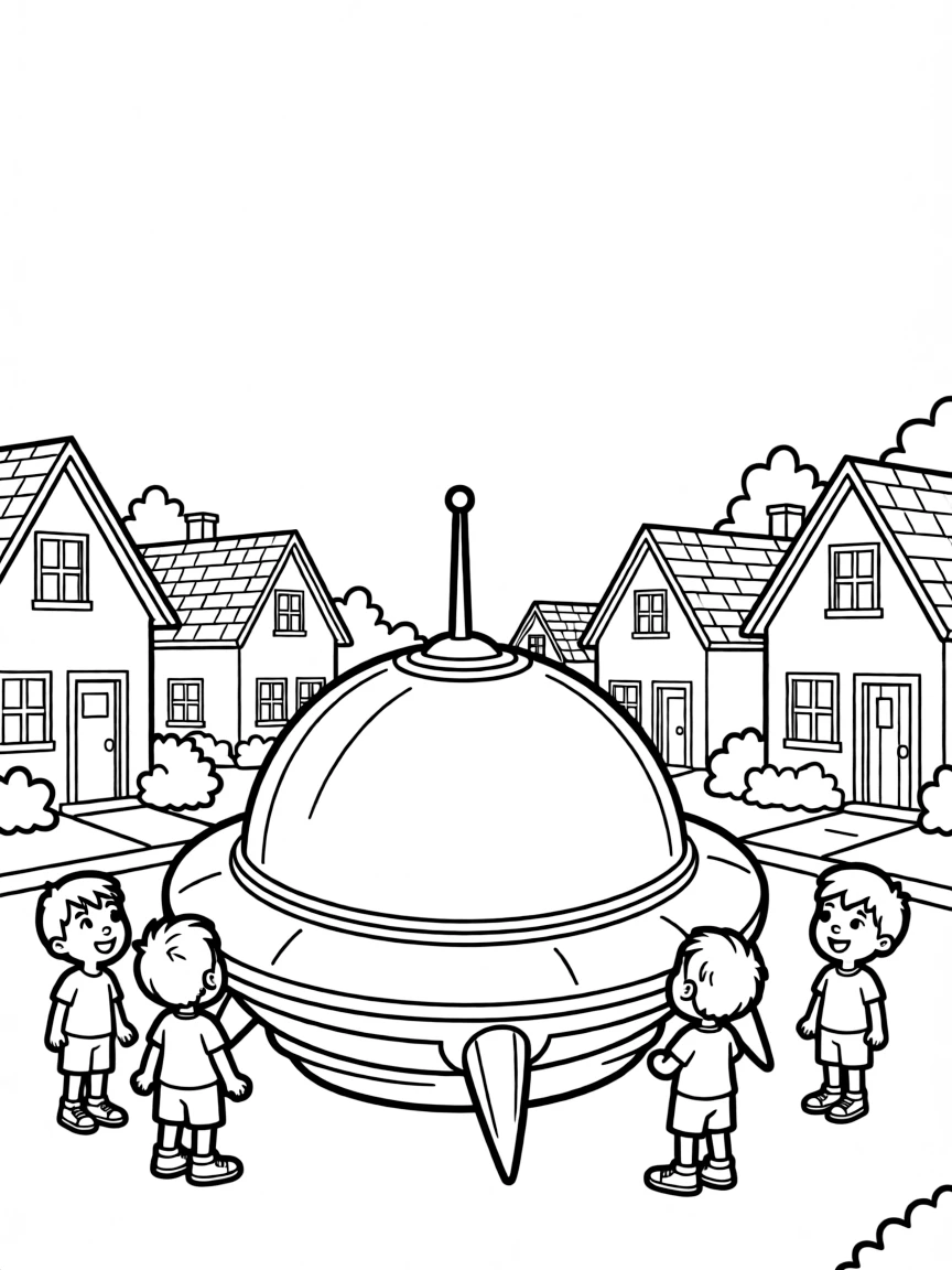 An alien spacecraft landing in a suburban neighborhood with curious children watching