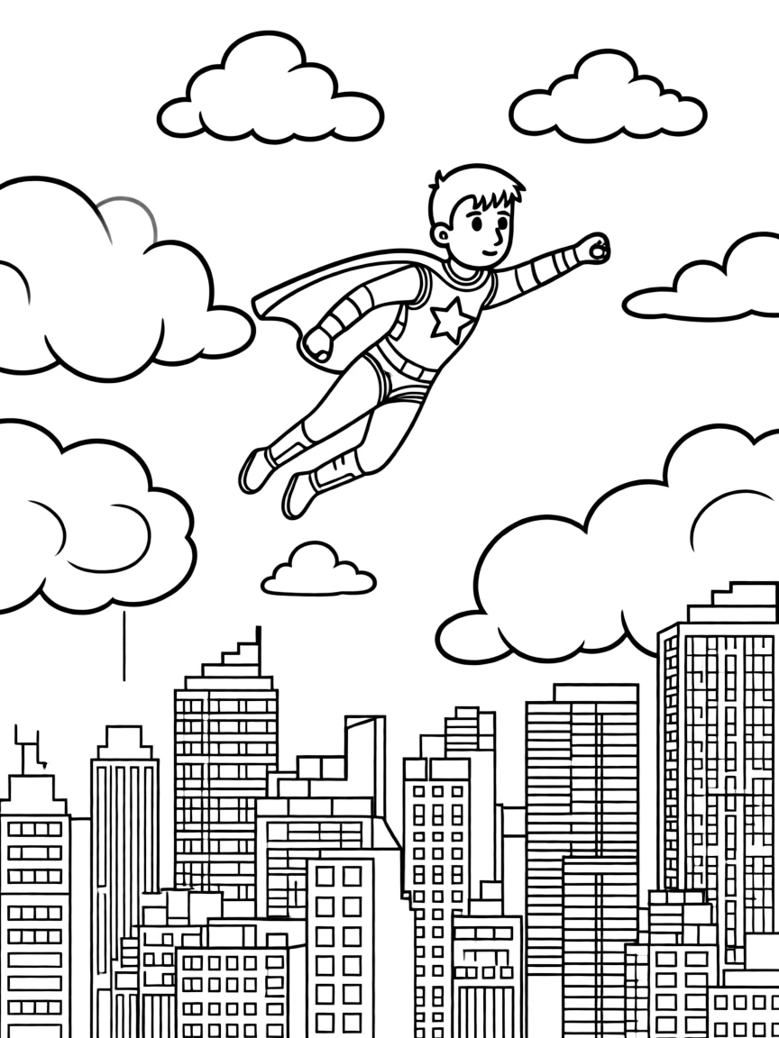 A superhero flying through clouds with a cityscape below