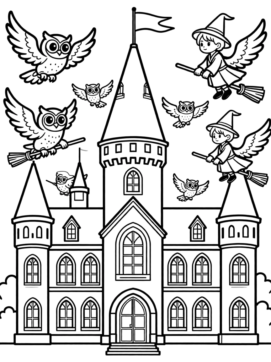 A magical school with towers, owls flying around, and students on broomsticks