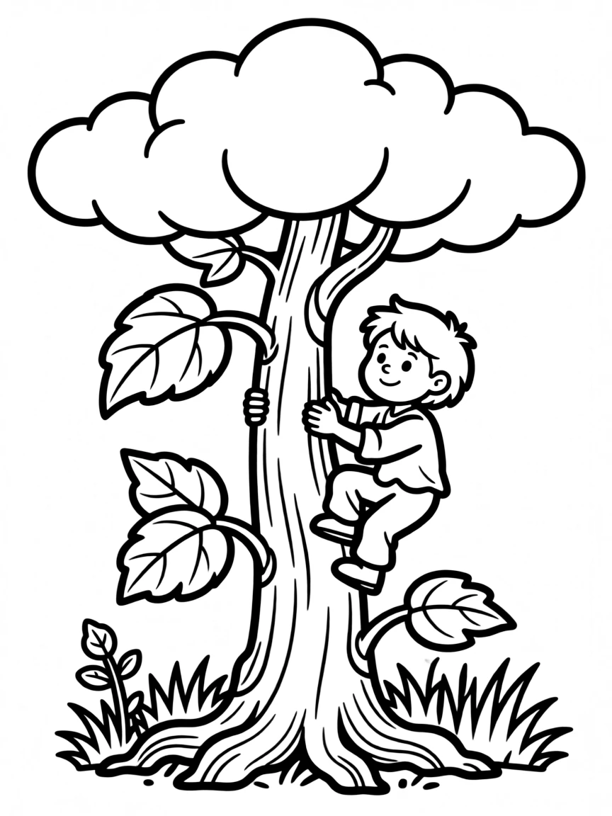 A giant climbing a beanstalk that stretches into the clouds