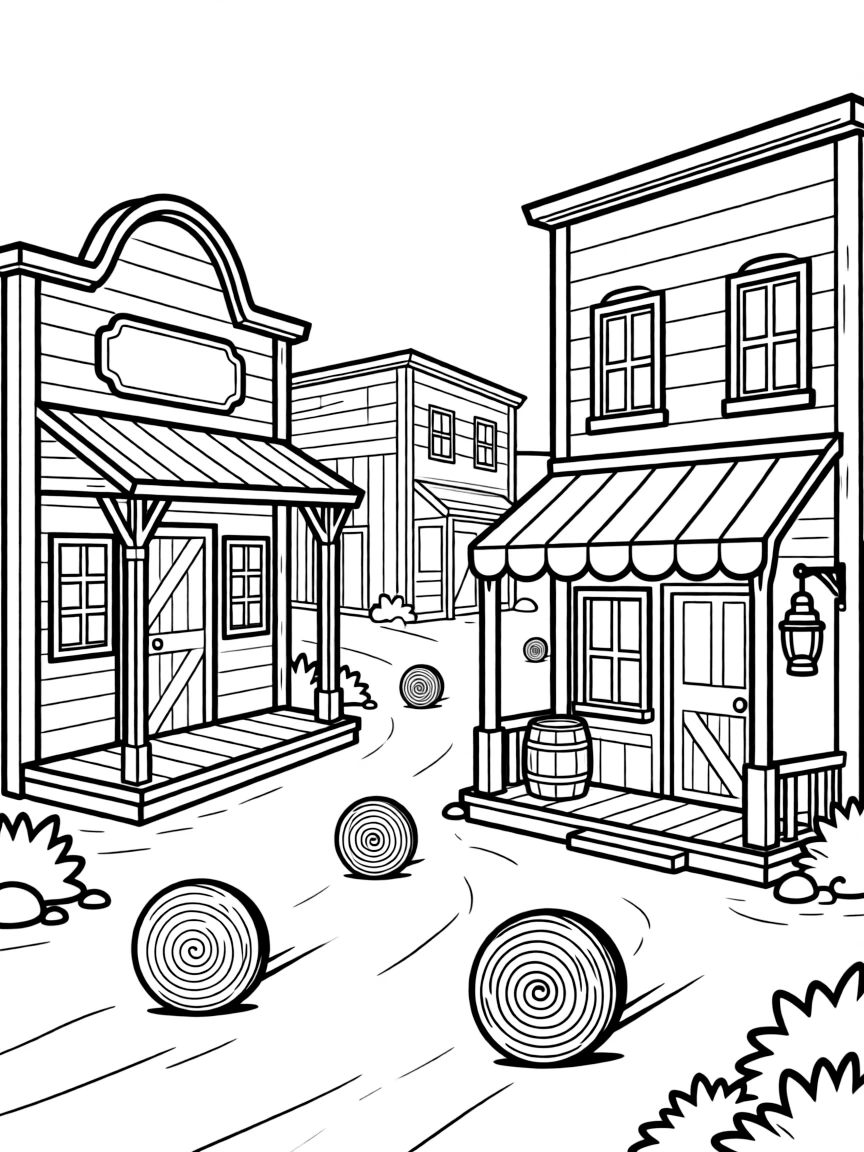 A western town with a saloon, general store, and tumbleweeds rolling down the street