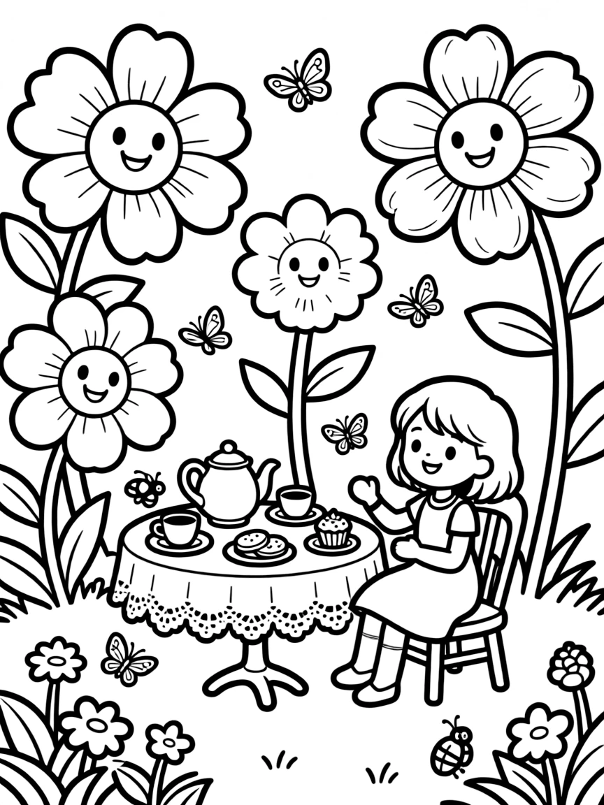 A magical garden with talking flowers and a tea party setup
