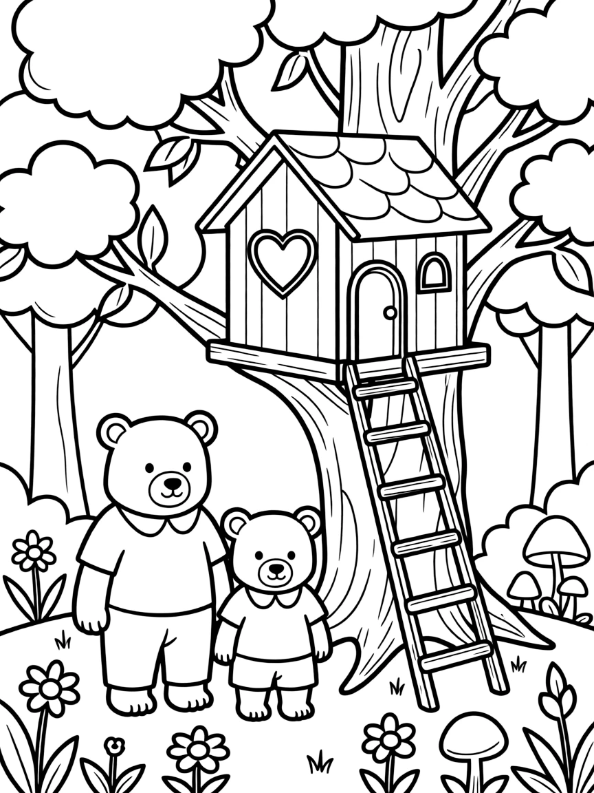 A family of bears living in a cozy tree house in the forest