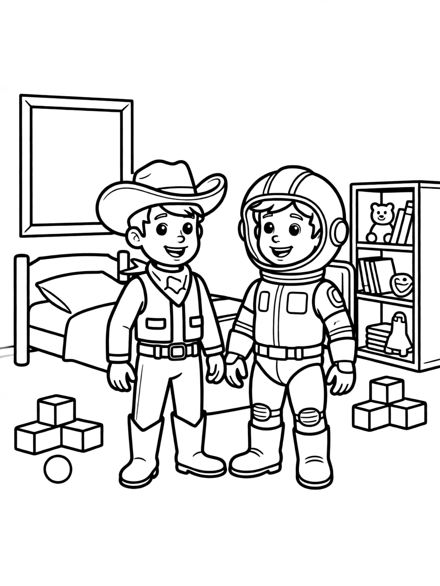 A toy cowboy and space ranger sharing an adventure in a child's bedroom
