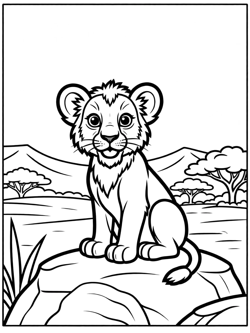 A young lion cub sitting on a rock overlooking the Pride Lands