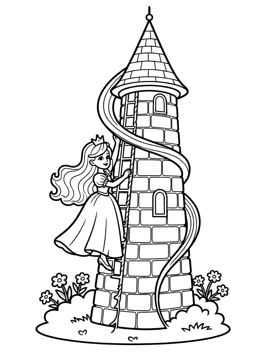 A princess with long magical hair using it to climb a tall tower
