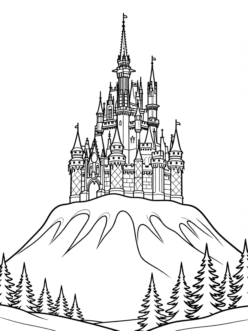 An ice palace on a snow-covered mountain with elaborate frozen details