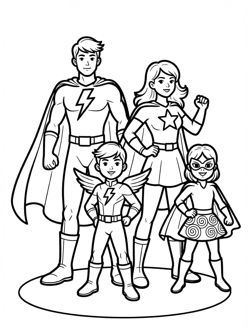 A family of superheroes in action poses with their unique costumes