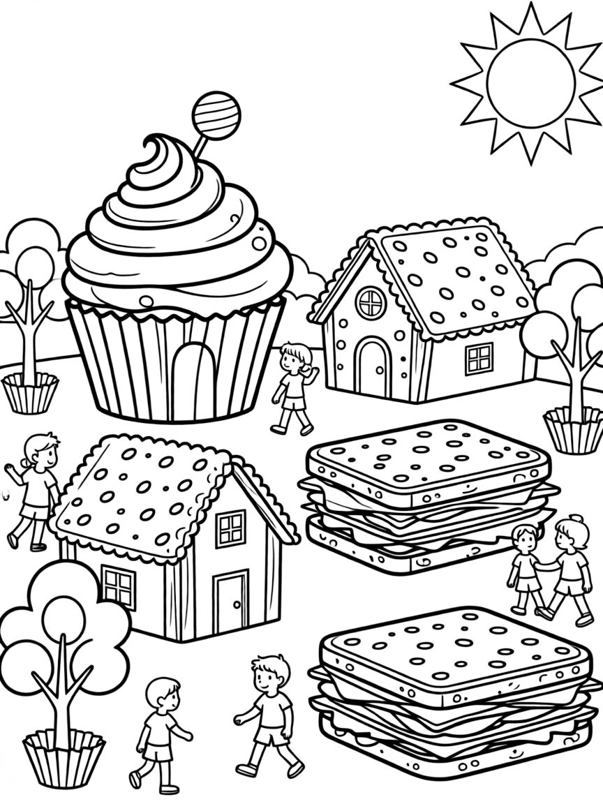 A village with houses made from food items like cupcakes and cookies